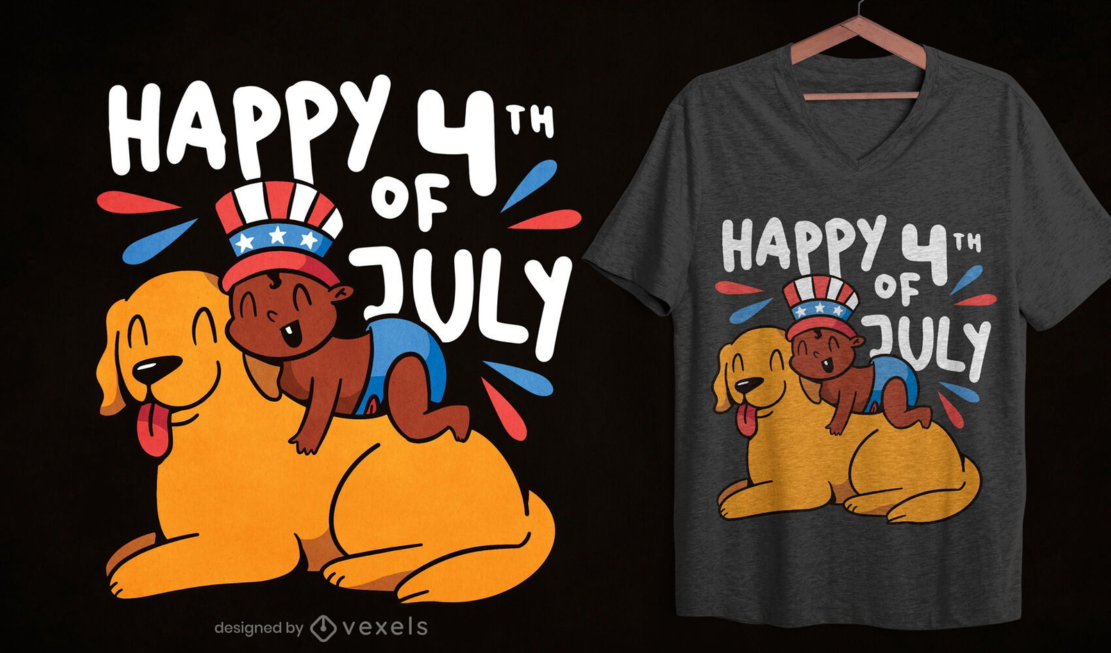 Diseño de camiseta de bebé y perro cuatro de julio.