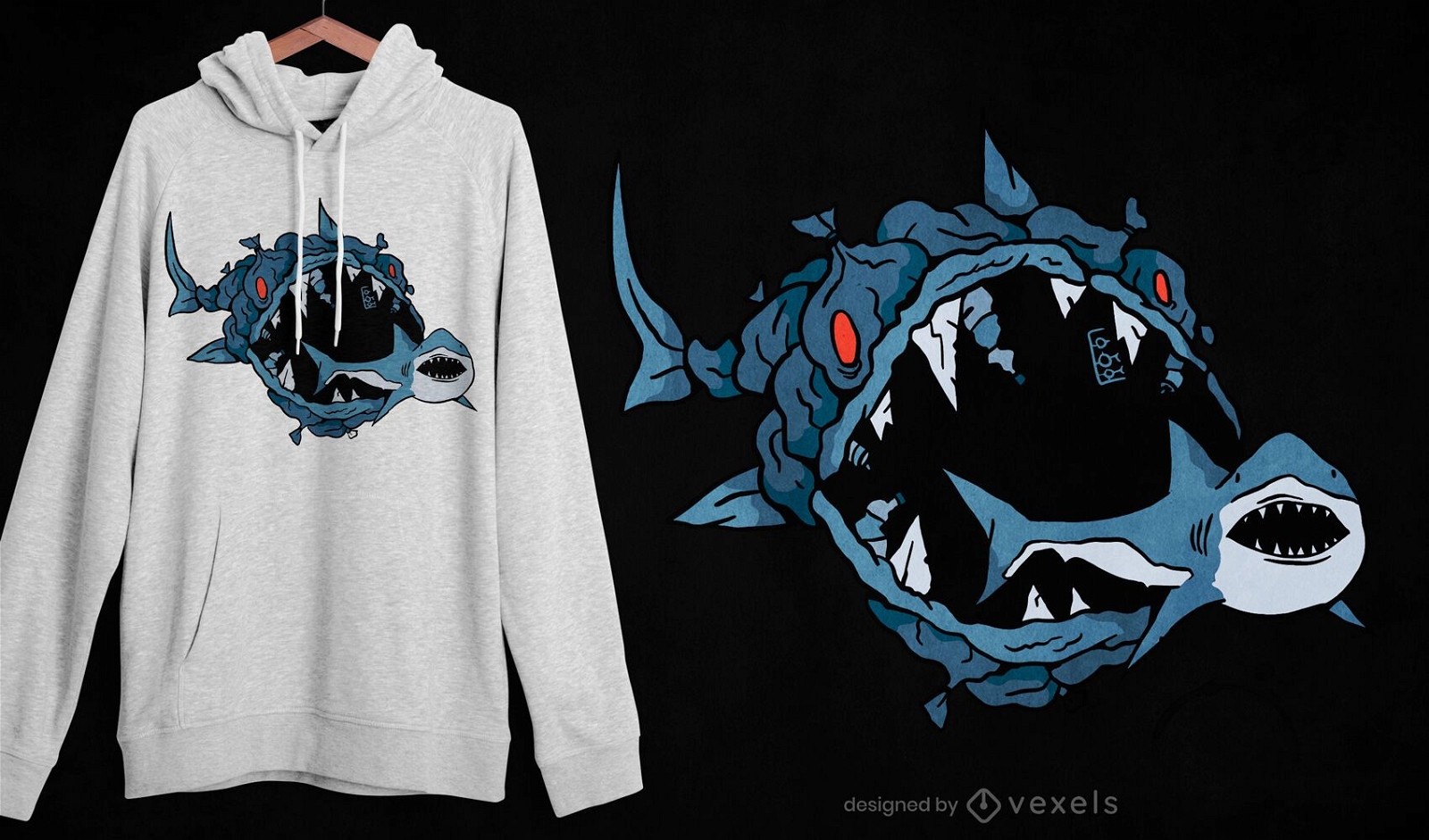 Monster fish eating shark t-shirt design