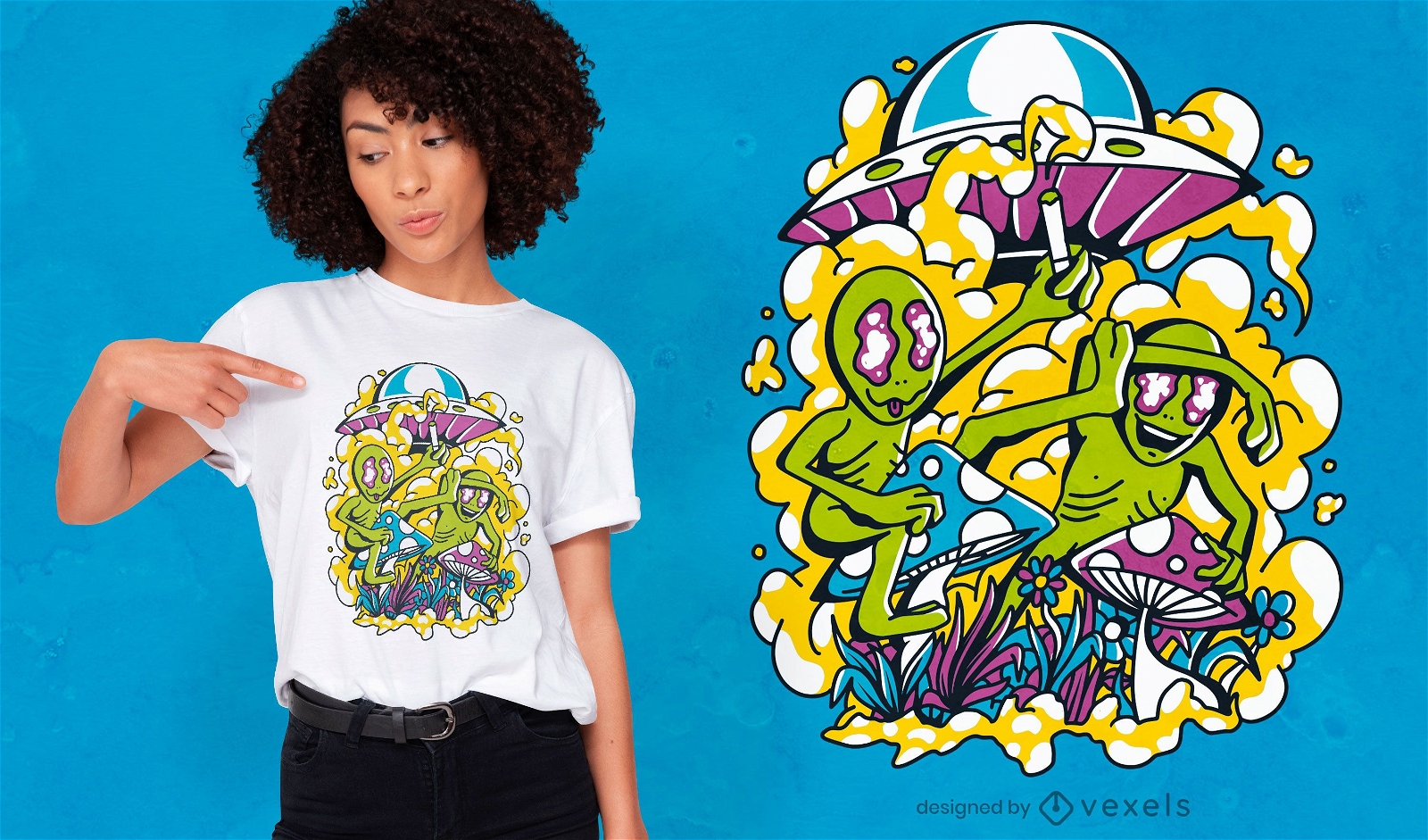 Aliens auf psychedelischem Pilz-T-Shirt-Design