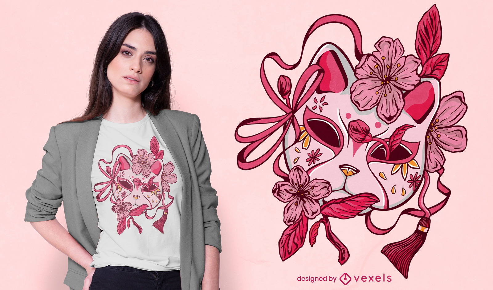 Design de camiseta com máscara japonesa em flor de cerejeira