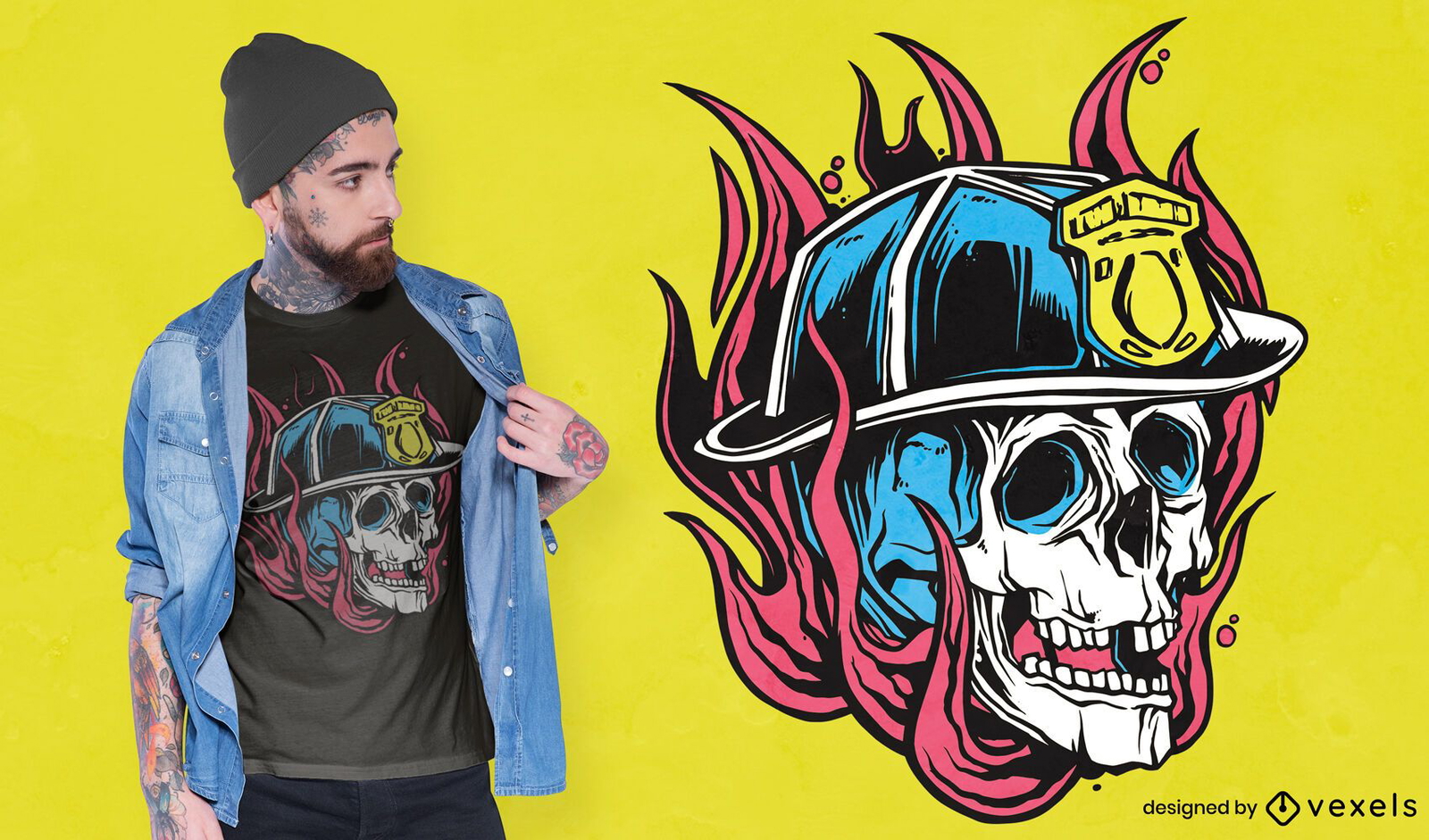 Diseño de camiseta con ilustración de calavera de bombero