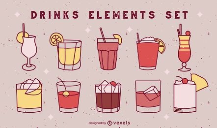Conjunto de trazos de color de elementos de bebida simple