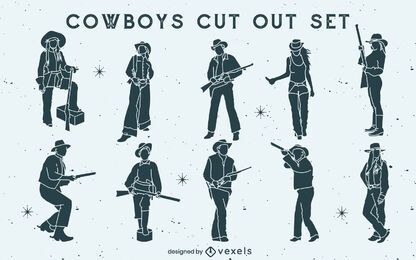 Cowboys e cowgirls com armas armadas recortadas