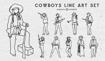 Cowboys and cowgirls with guns set stroke 