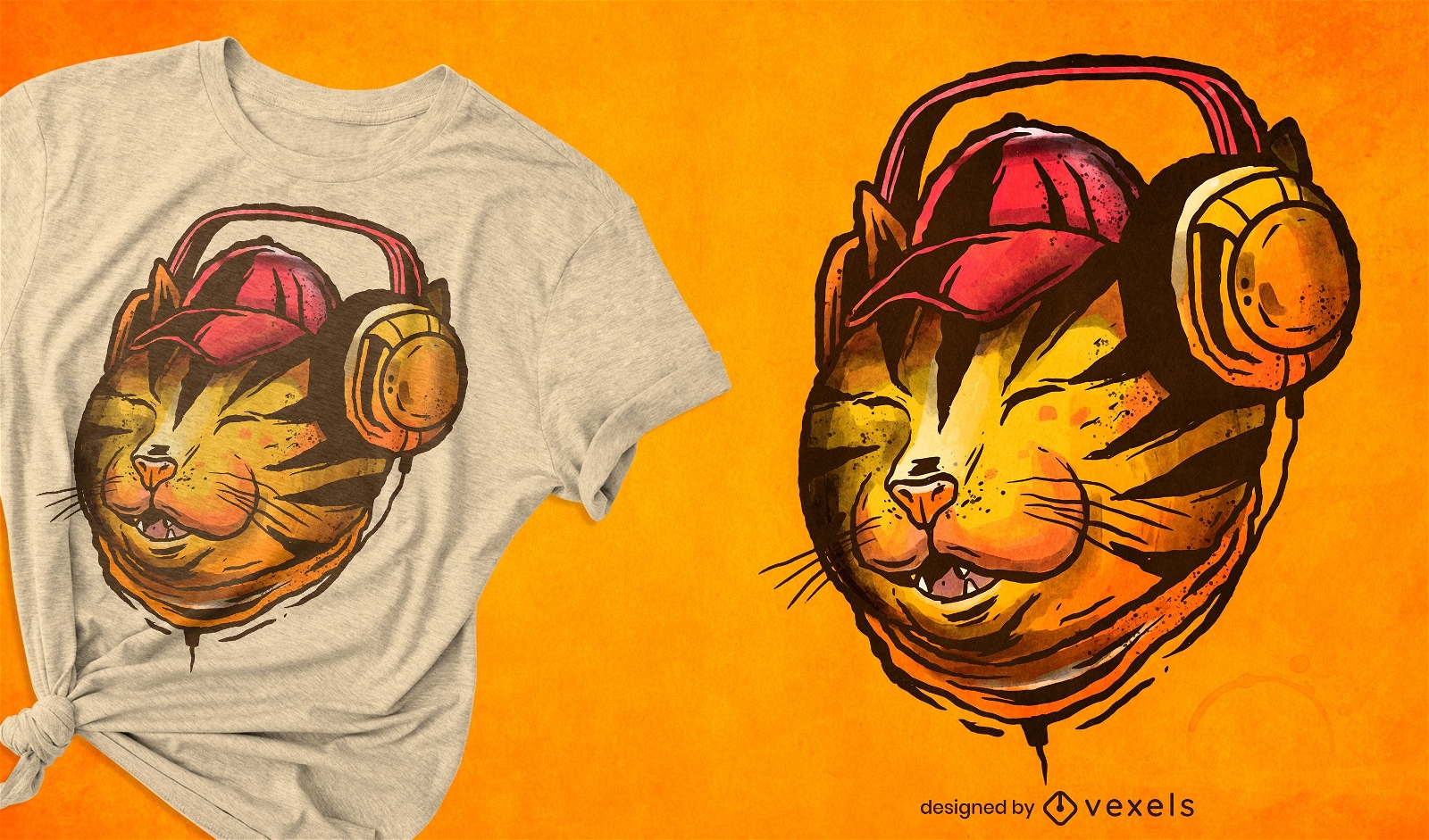 Cat with headphones illustration t-shirt design