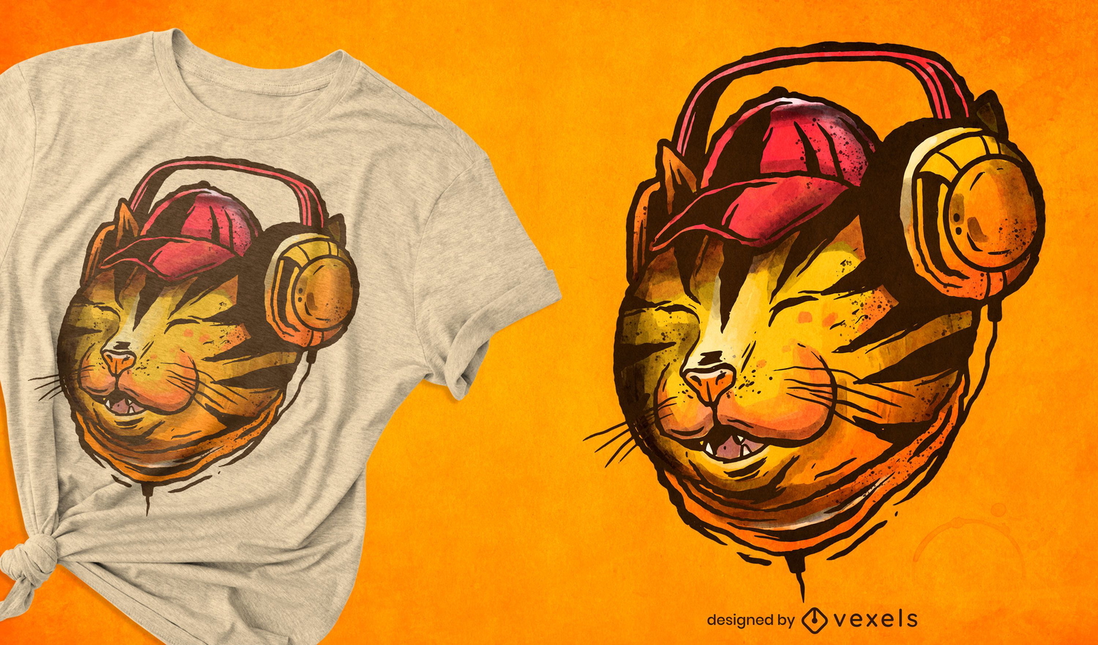 Gato com design de t-shirt com ilustração de fones de ouvido