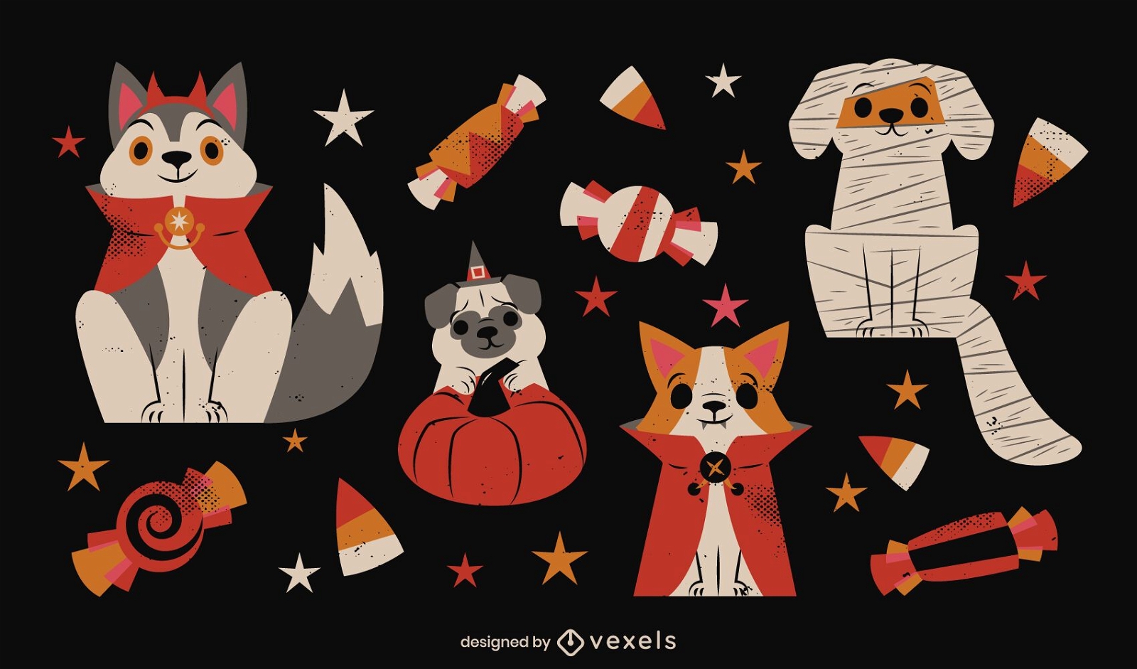 Dogs in halloween costumes elements set