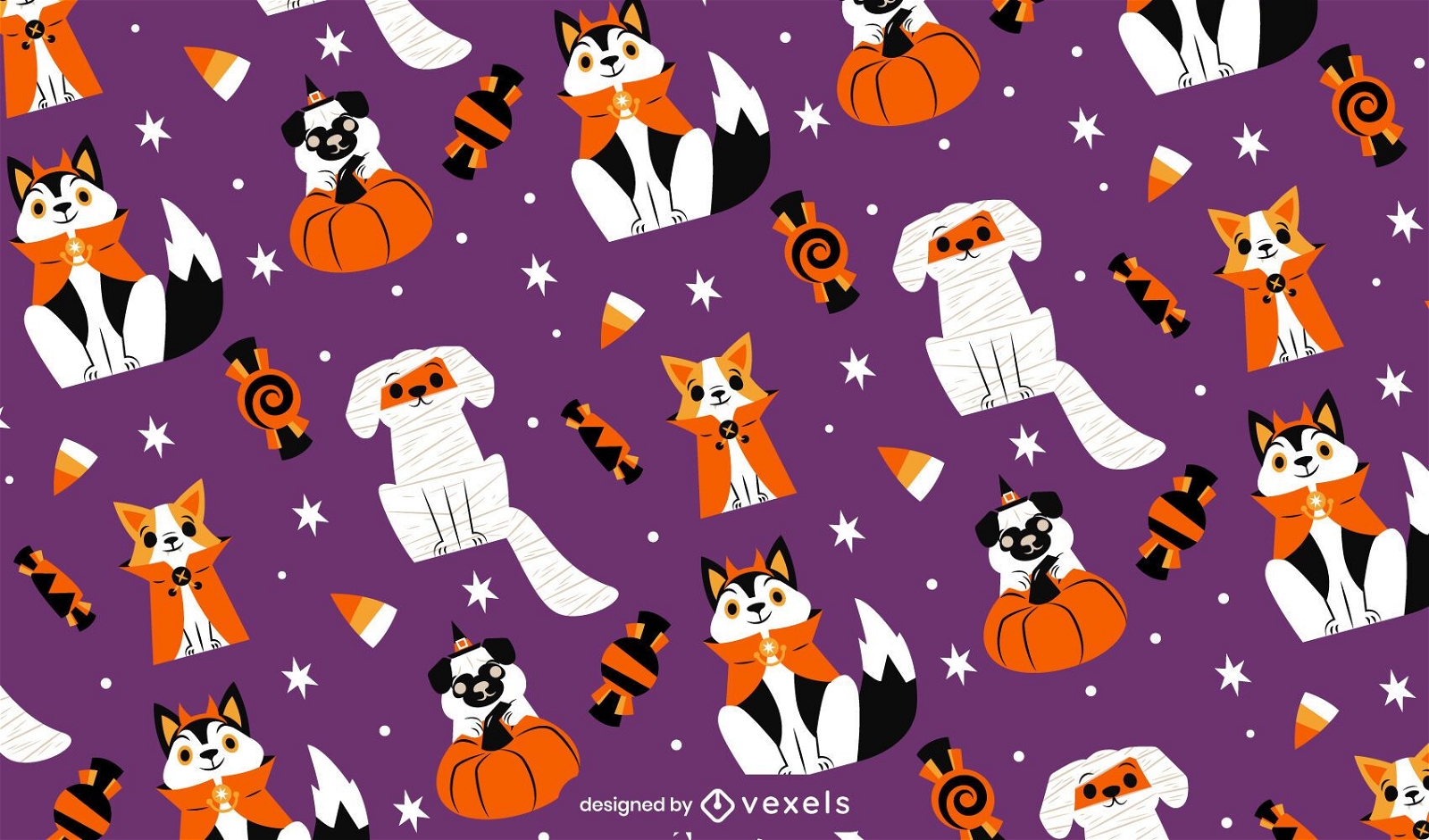 Dogs in halloween costumes pattern design