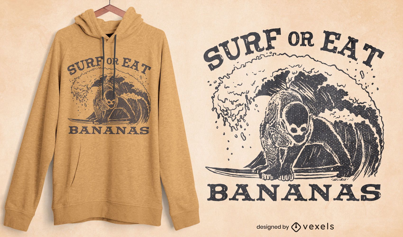 Diseño de camiseta de surf o comer plátanos.