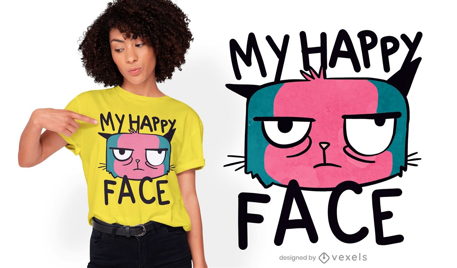 Design de camiseta de desenho animado com cara de gato bravo