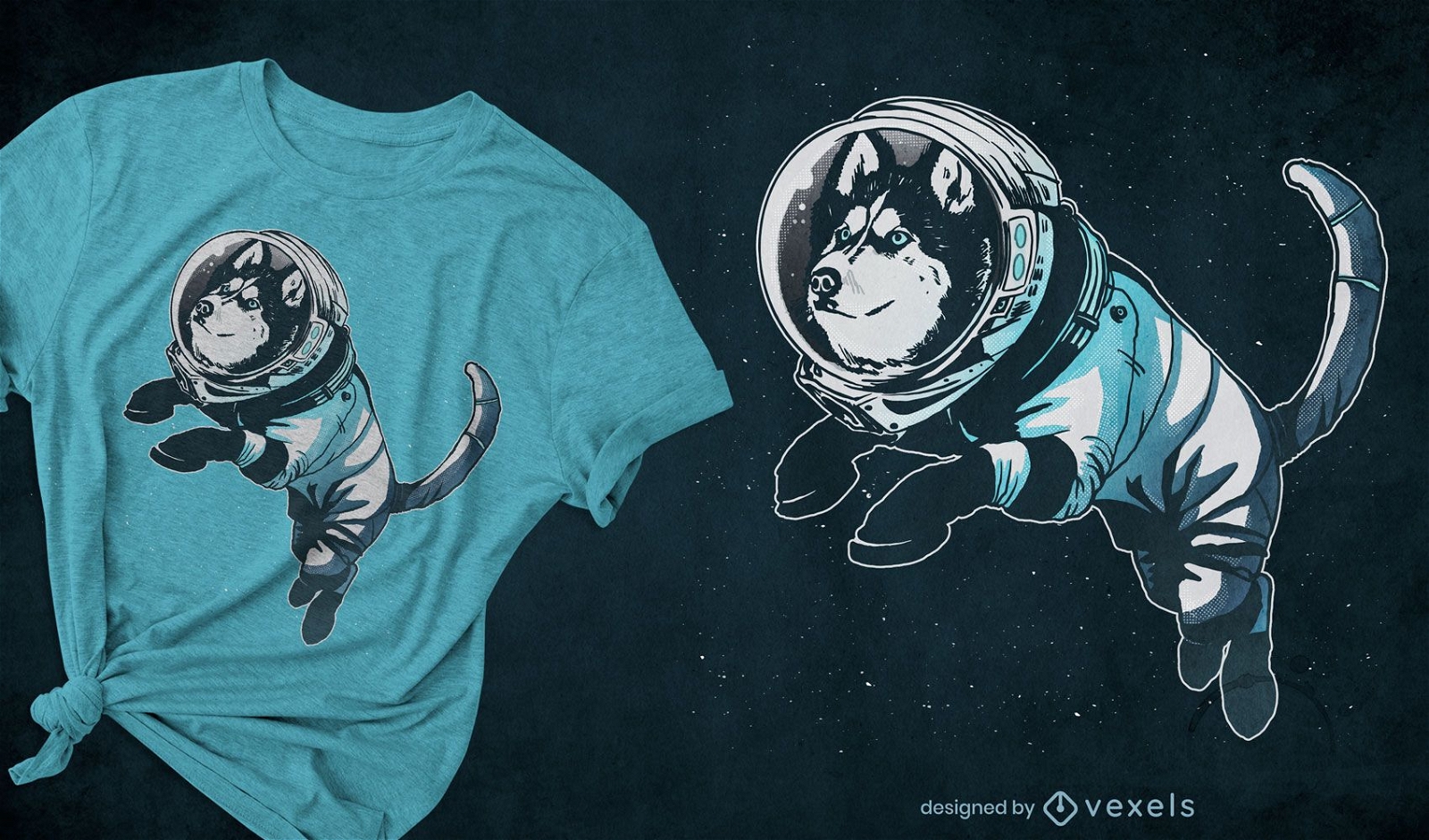 Diseño de camiseta astronauta husky dog space
