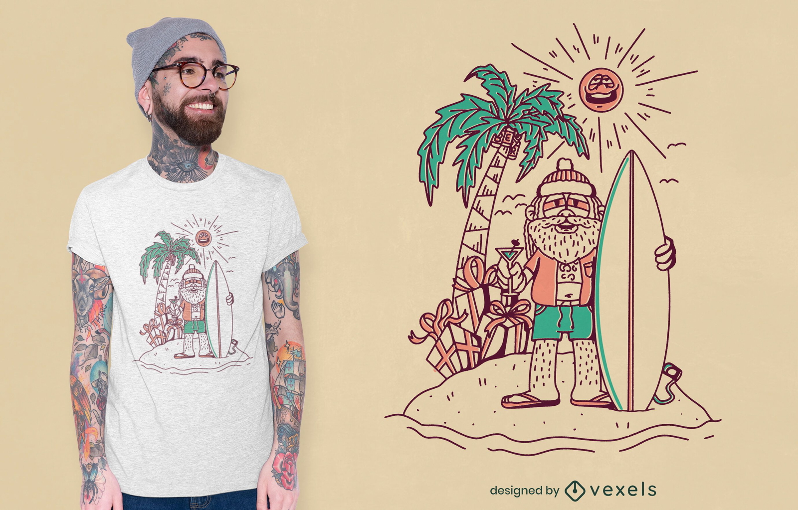 Diseño de camiseta de surfista santa claus line art