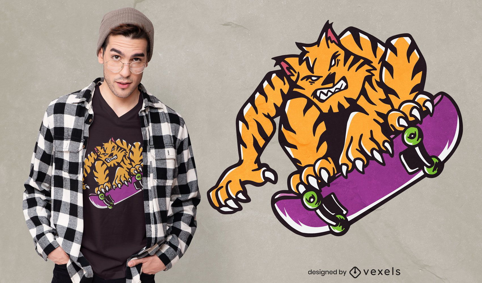 Diseño de camiseta de dibujos animados de monopatín de tigre