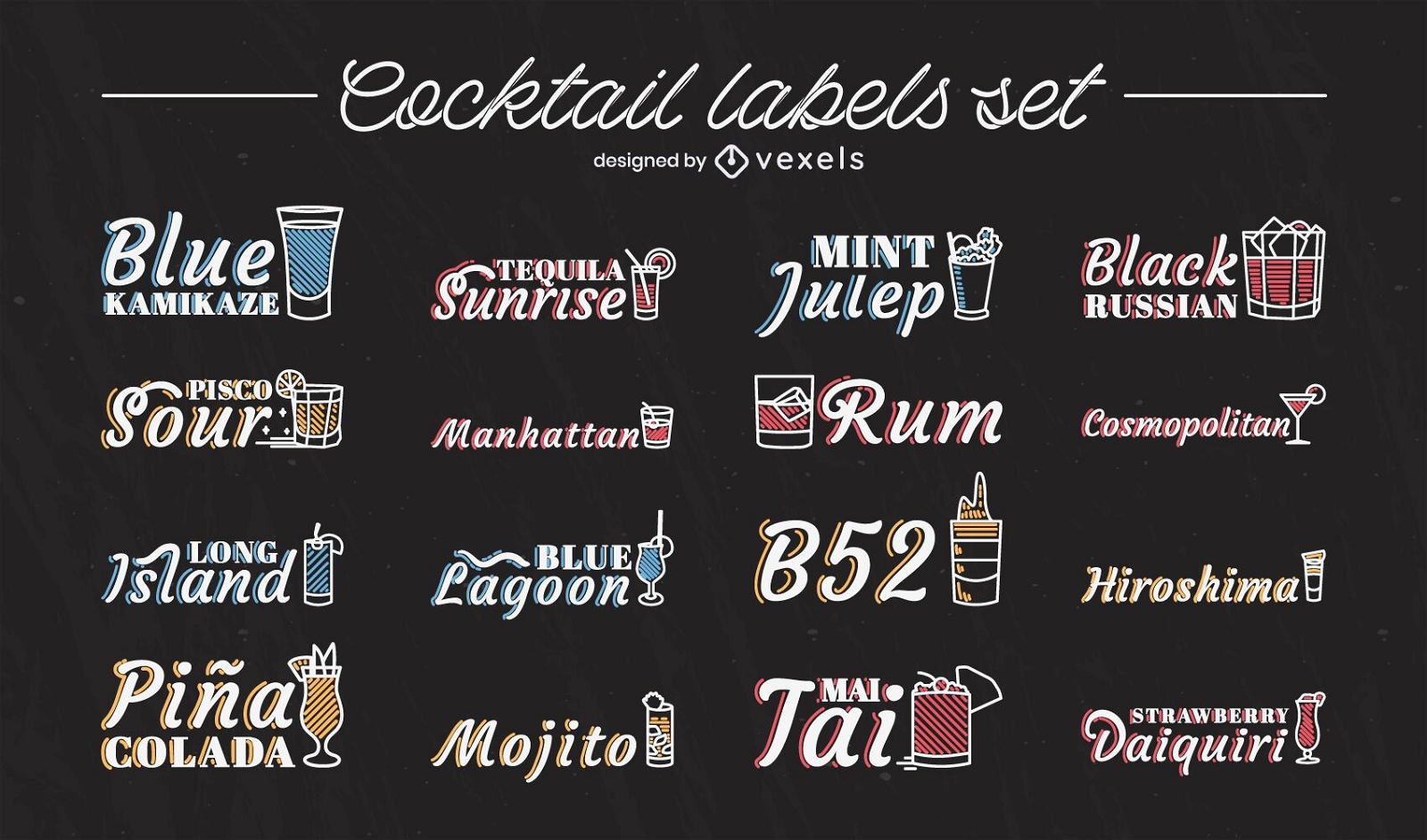 Conjunto de etiquetas de trazo de nombres de bebidas de cóctel