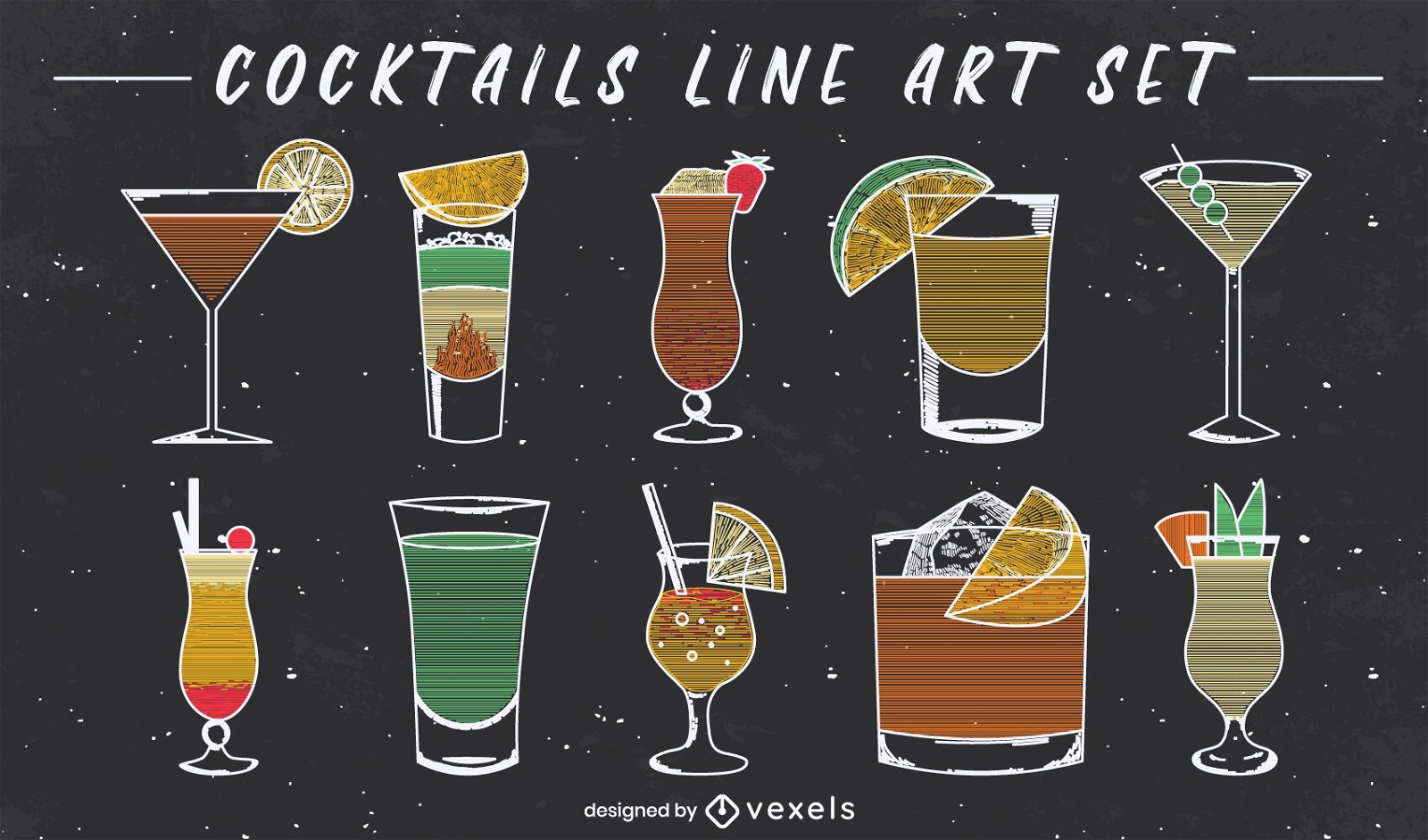 Fancy cocktail drinks line art set