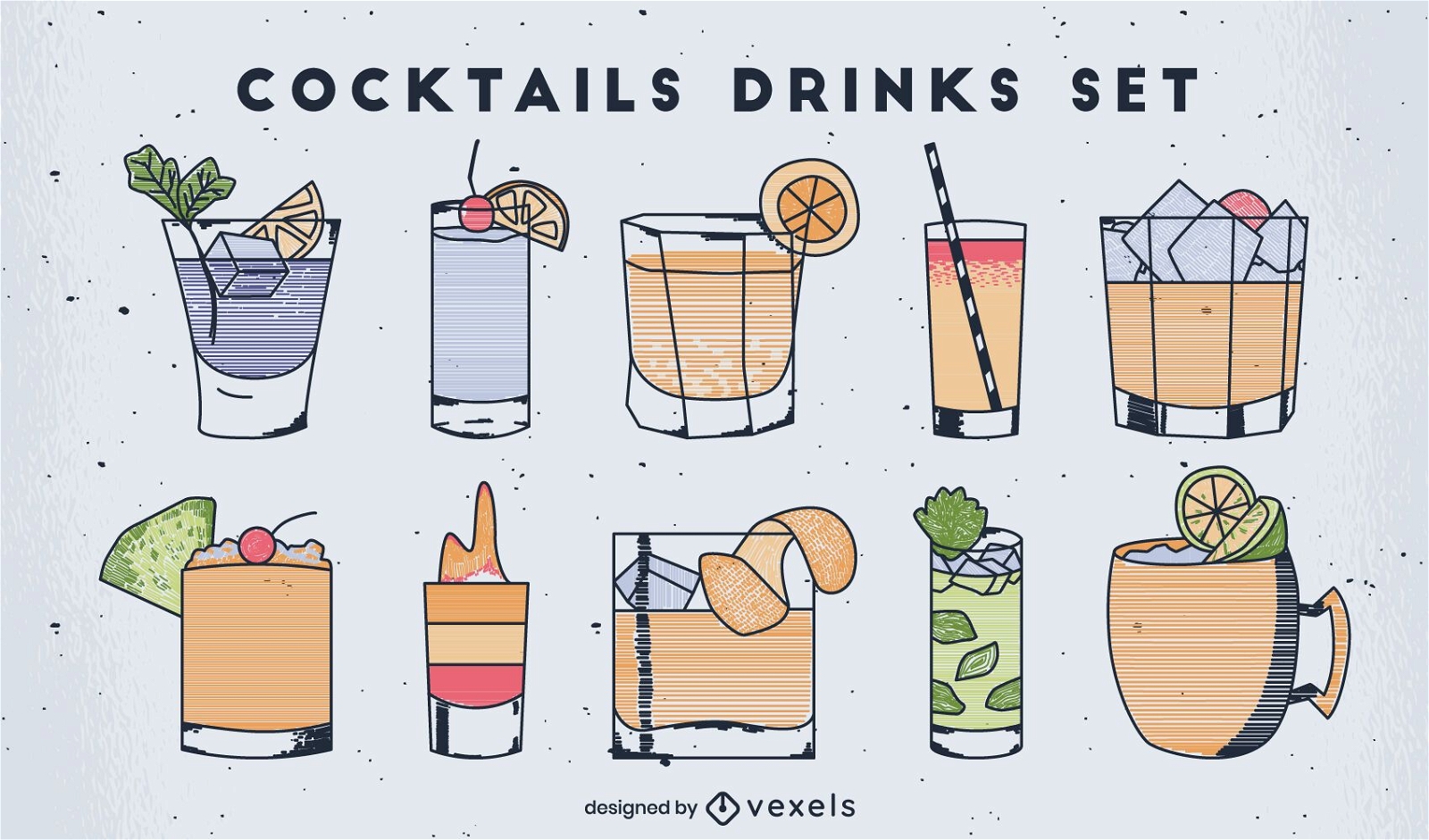 Cocktail-Getränke bunte Linie Kunst-Set