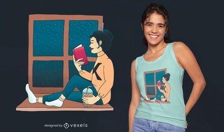 Projeto de camiseta lendo janela para menina asiática