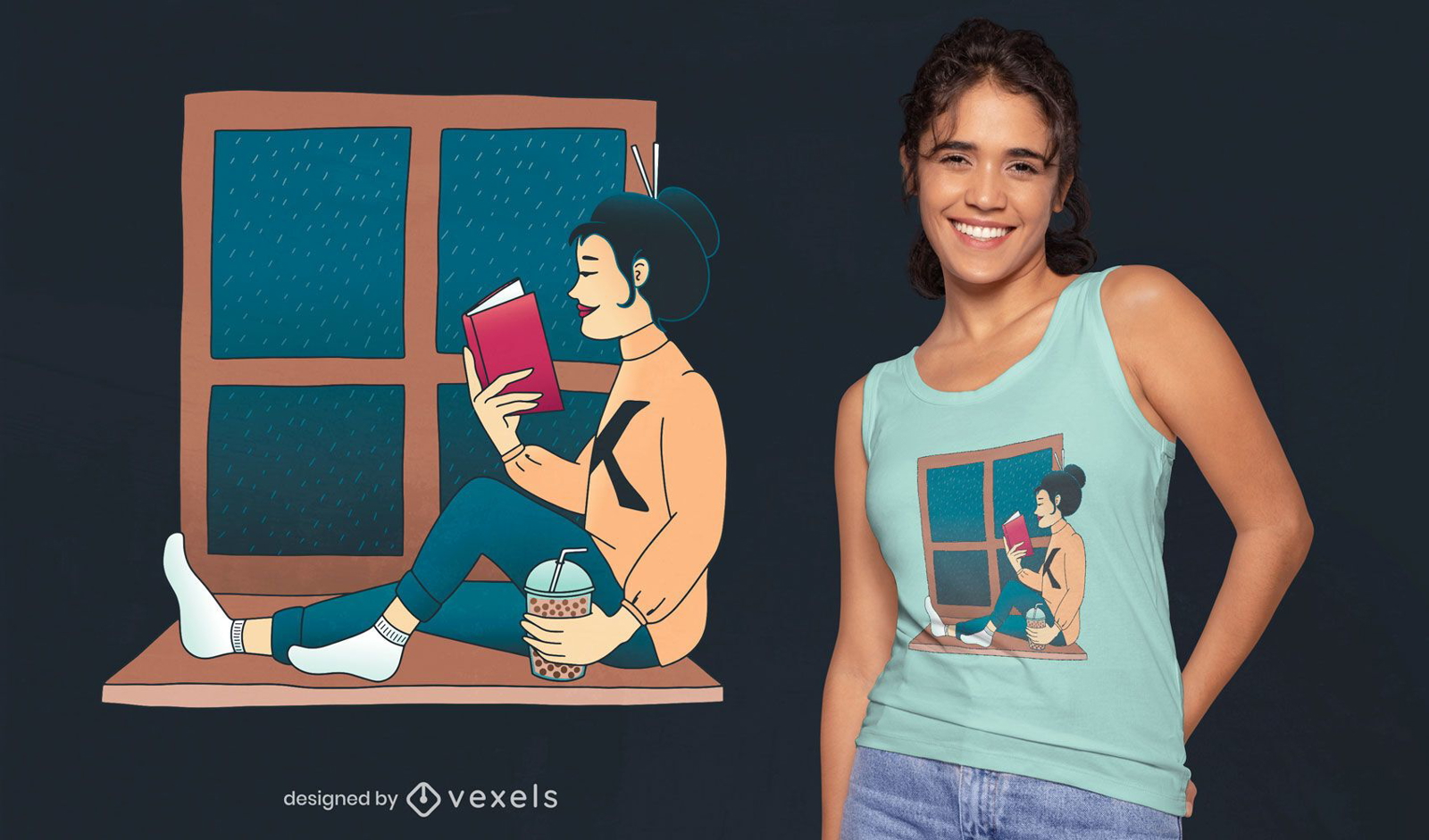 Asian girl window reading t-shirt design