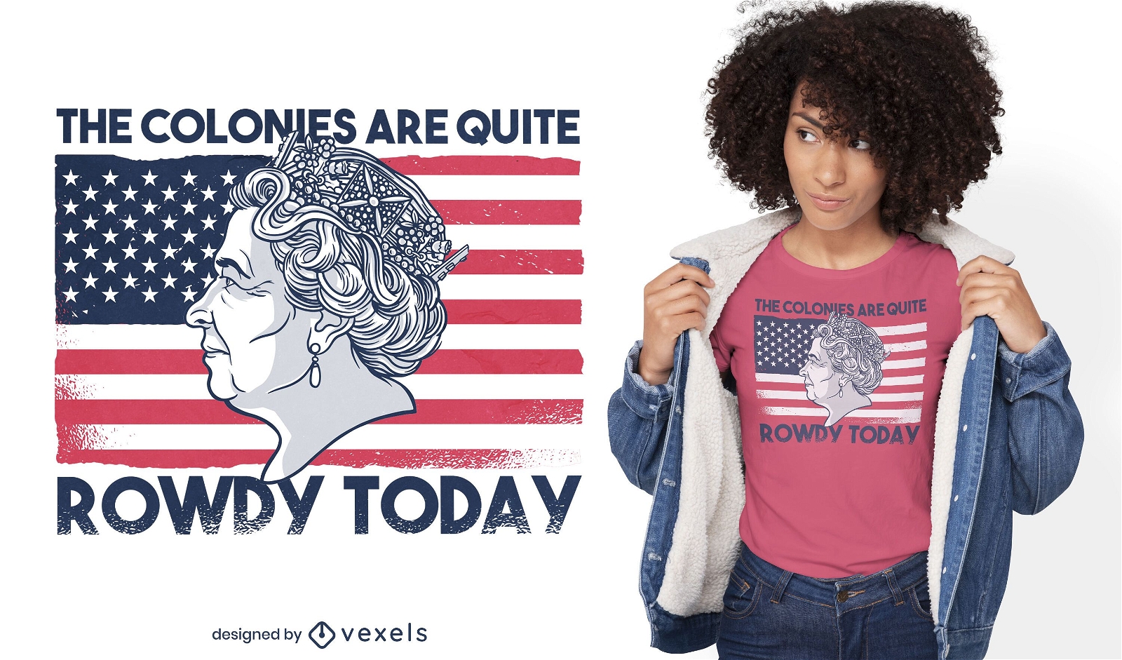 Queen of england on american flag t-shirt design