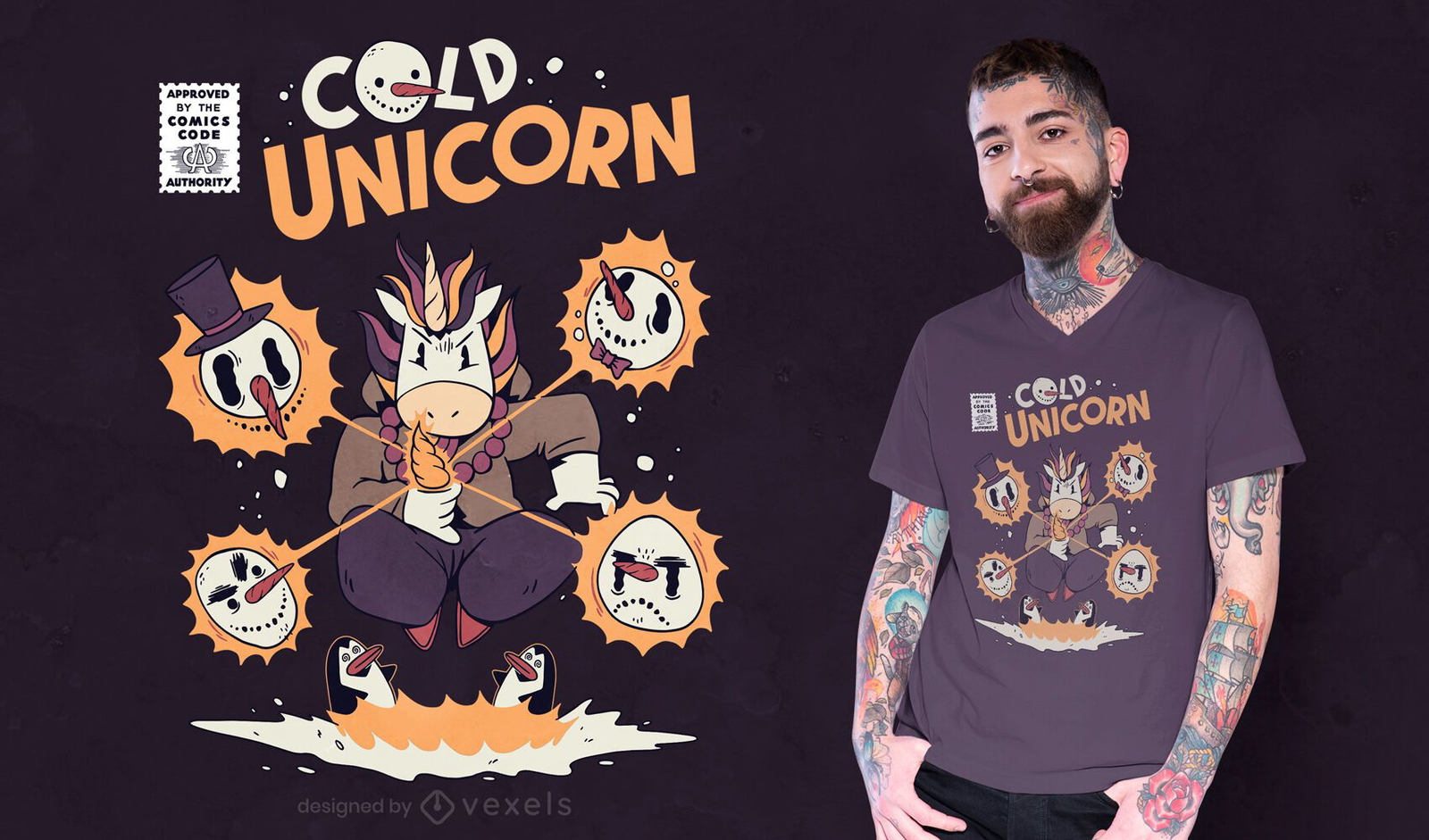 Diseño de camiseta mágica de muñecos de nieve unicornio.