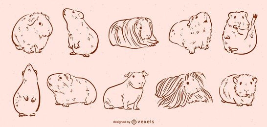 Guinea pigs cute animal line art set