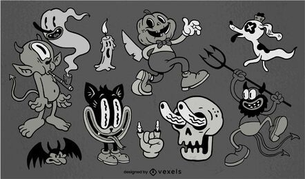 Conjunto de caracteres de halloween de dibujos animados retro