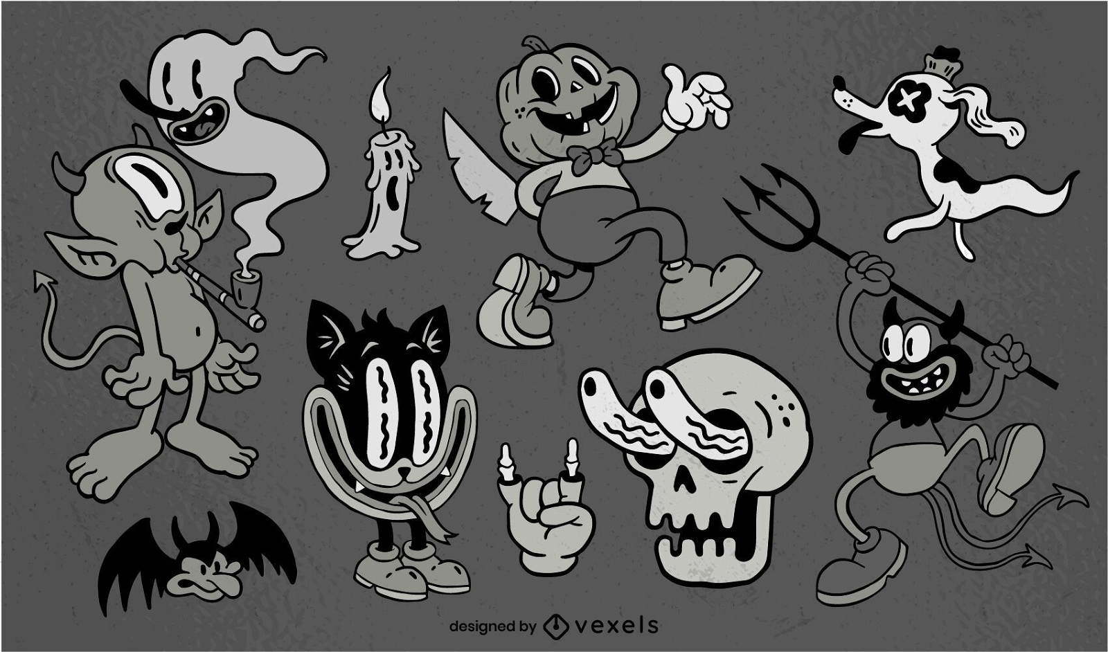 Retro cartoon halloween character set