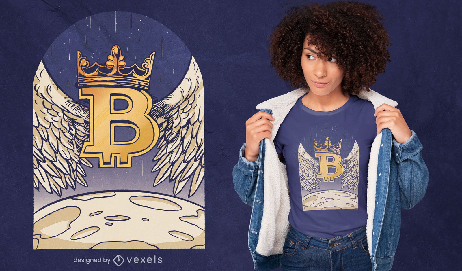 Angel crypto aterrizaje en el diseño de la camiseta de la luna