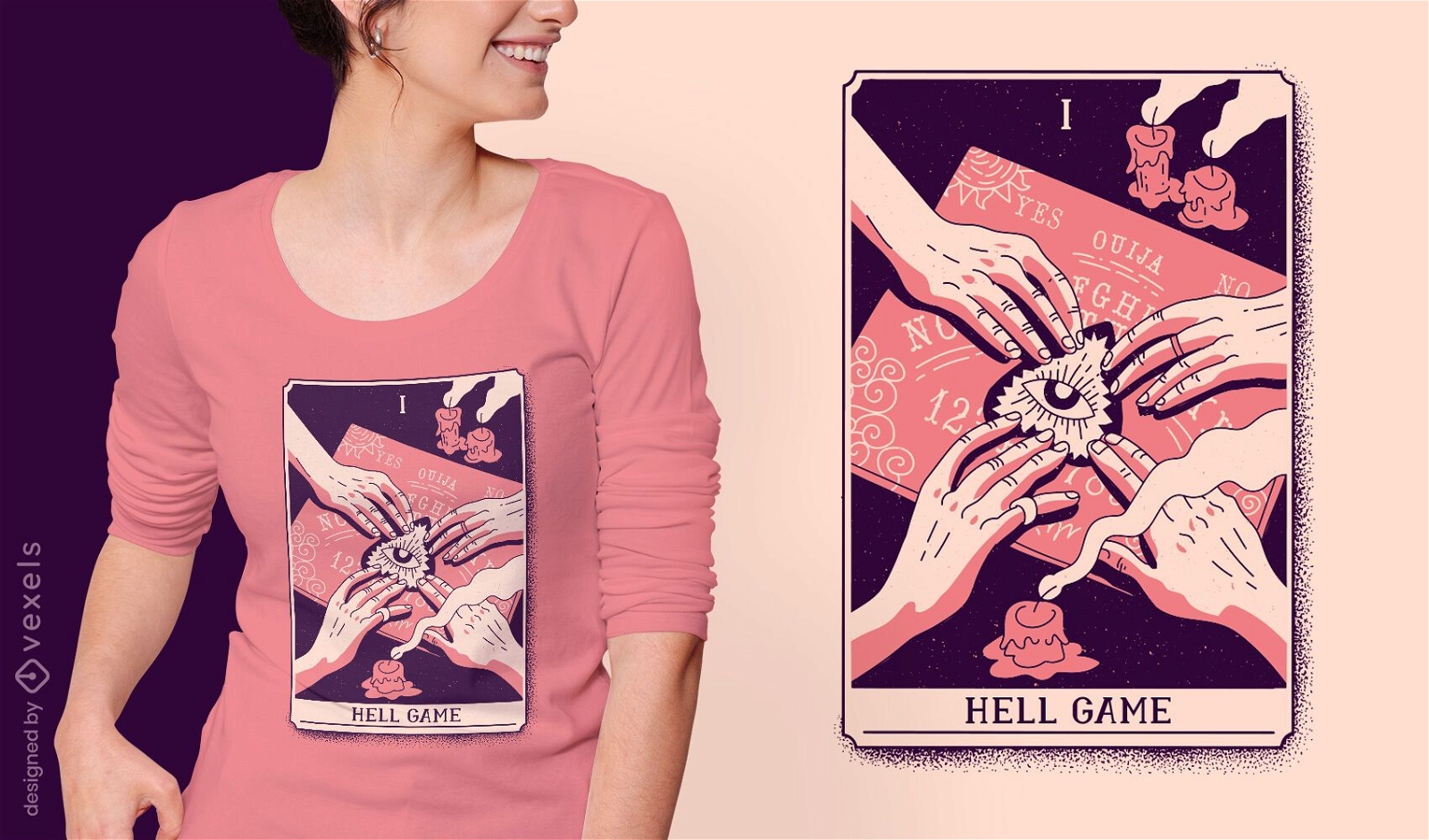 Design místico de t-shirt do jogo do inferno com cartas de tarô