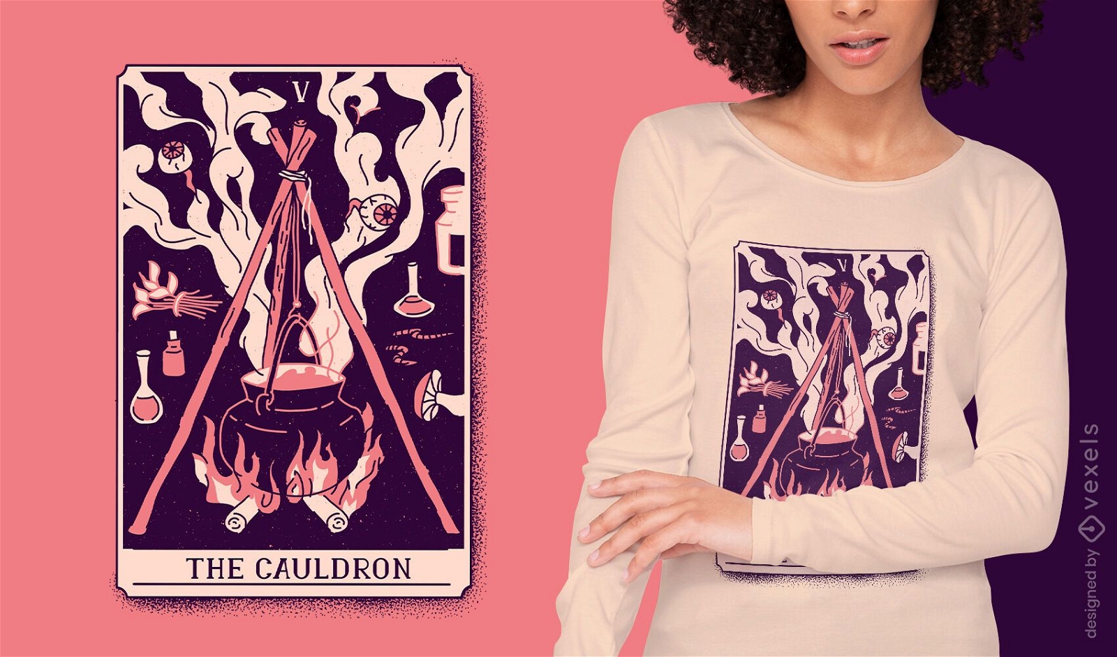Design de t-shirt com cartas de tarô místicas Caldeirão