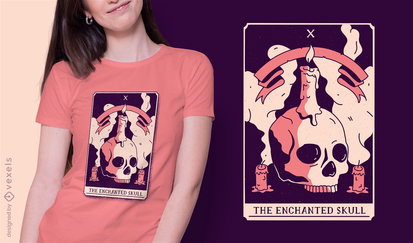 Design de t-shirt com cartas de tarô místicas com caveira