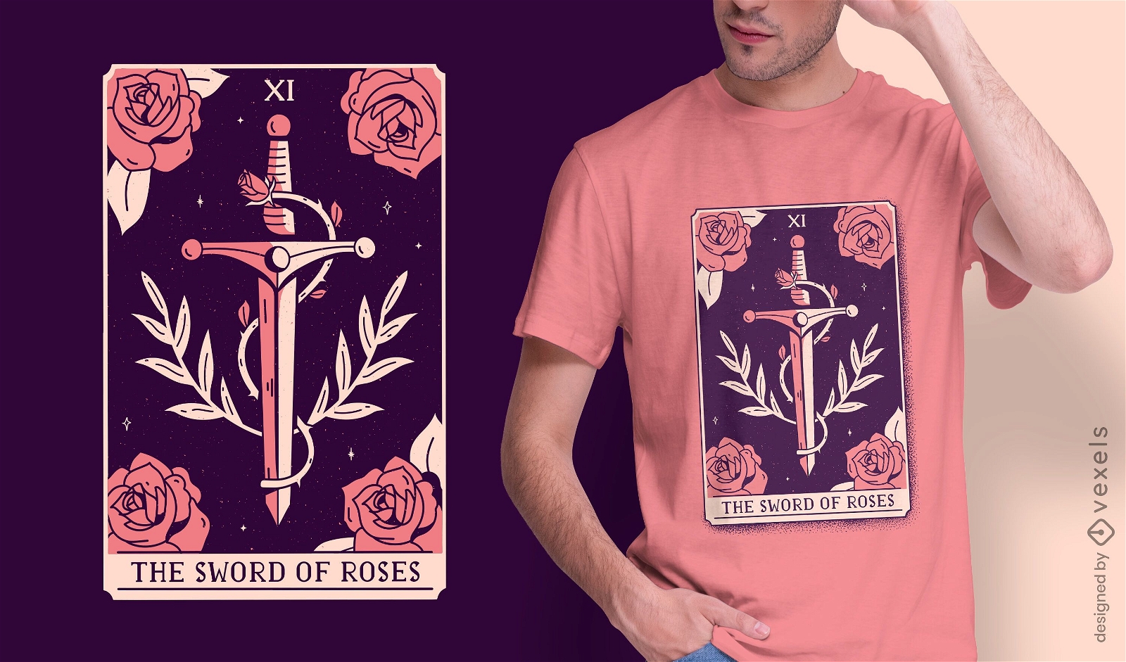 Diseño de camiseta de carta de tarot mística espada y rosas.