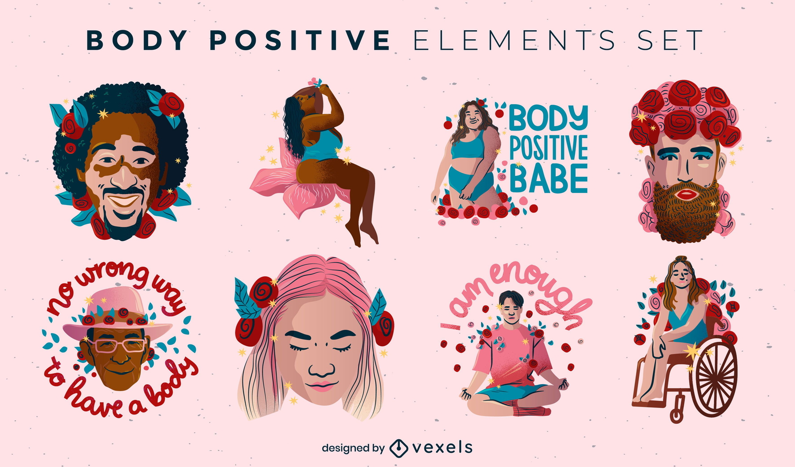 Conjunto de emblemas com citações positivas do corpo