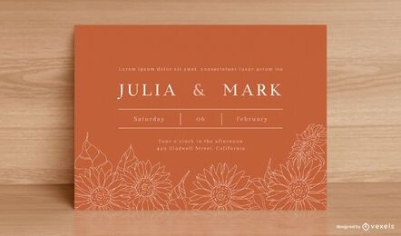 Desenho de convite de casamento de girassóis de arte em linha