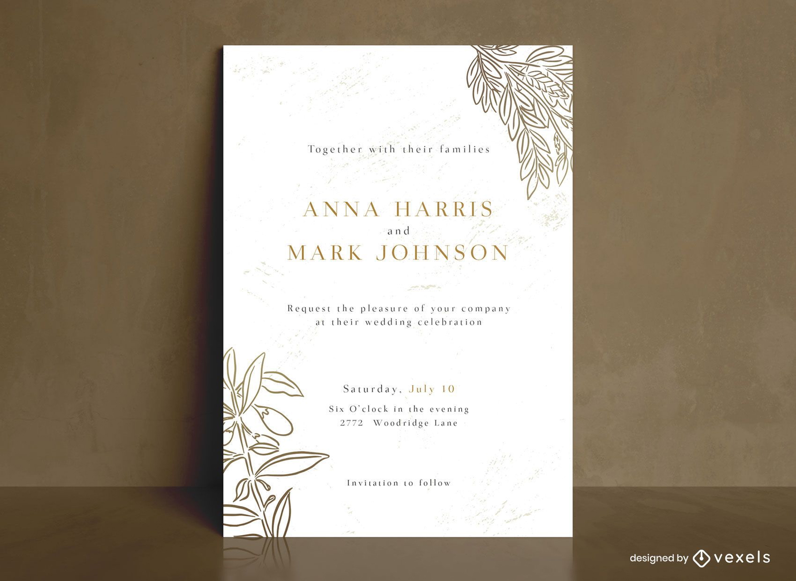 Plantilla de invitación de boda de arte de línea de hojas