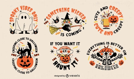 Lindo conjunto de dibujos animados retro de insignias de halloween