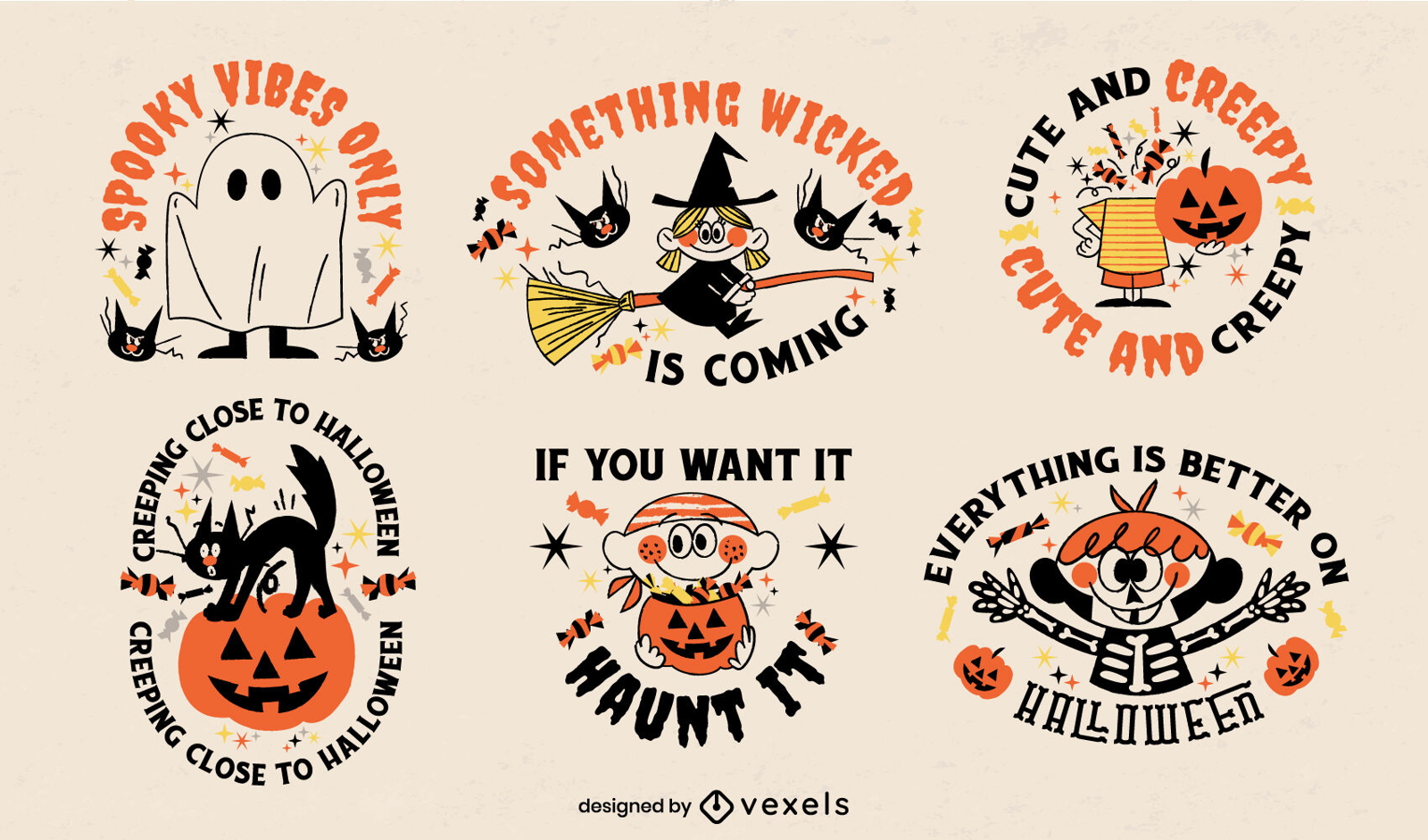 Cute set of halloween badges retro cartoon
