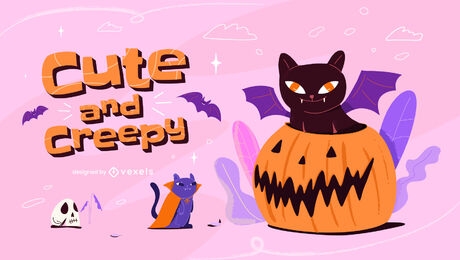 Cute and creepy cat halloween illustration