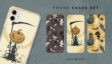 Conjunto de capas de telefone com personagens assustadores do dia das bruxas