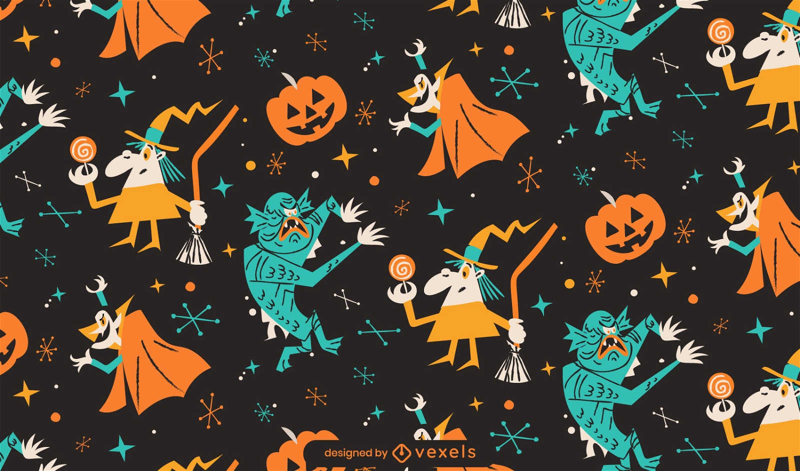 Halloween monsters retro cartoon pattern