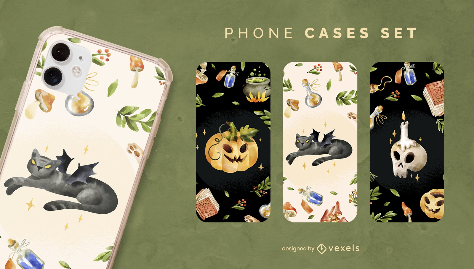 Conjunto de fundas de teléfono con elementos de halloween realistas