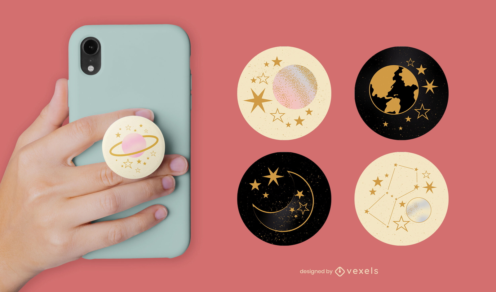 Conjunto de popsocket de estrelas e planetas do espaço