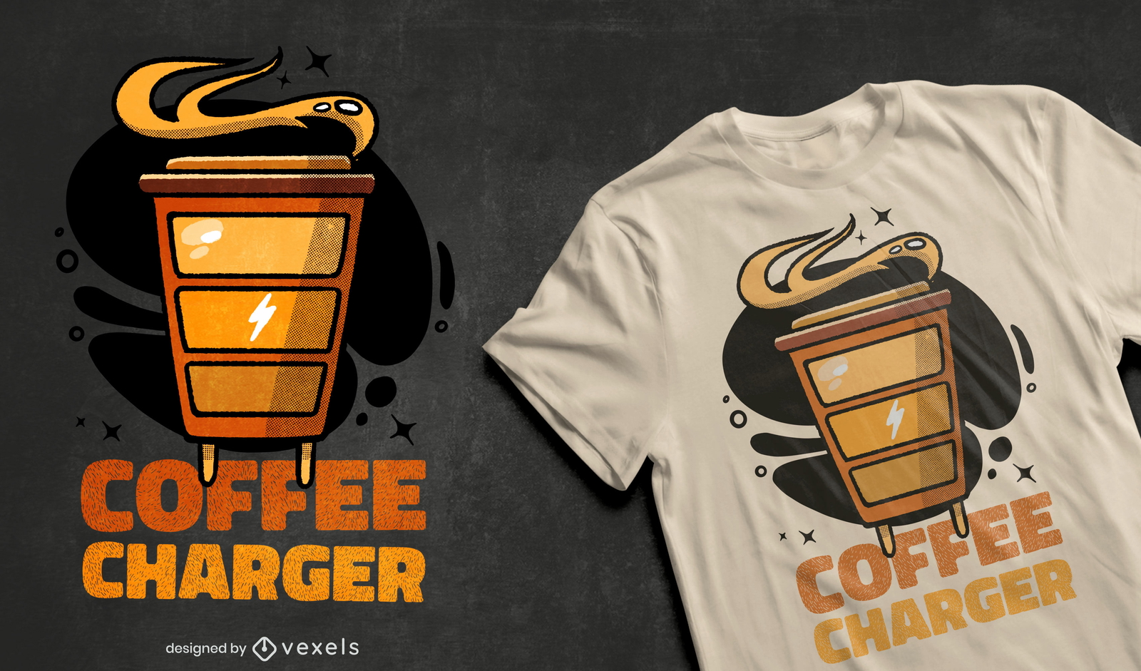 Design de camiseta com carregador de energia para xícara de café