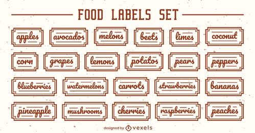 Conjunto de letras de etiquetas de alimentos de frutas y verduras