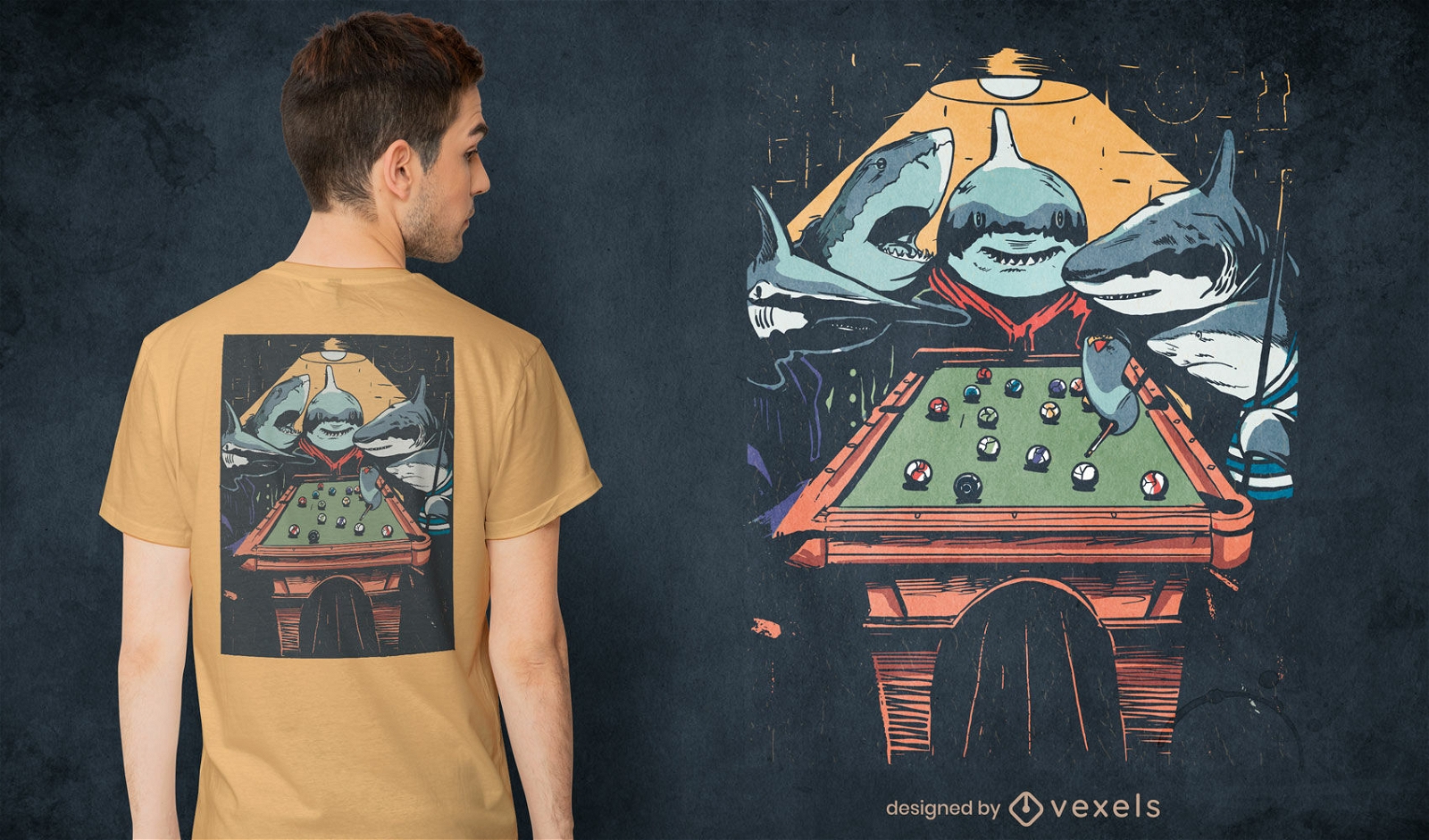 Diseño de camiseta de tiburones jugando al billar.