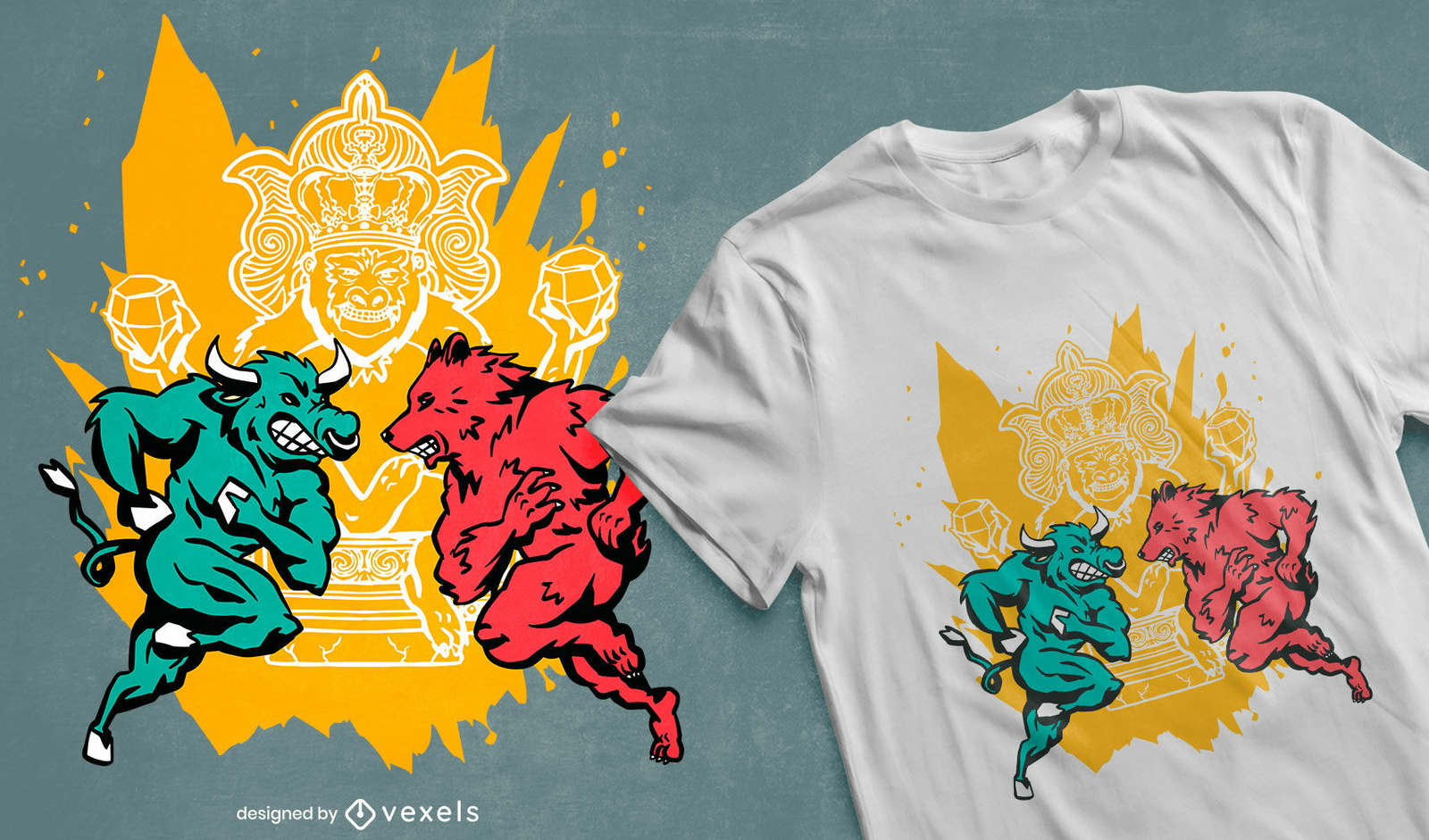 Diseño de camiseta de mercado de valores de toro y oso.