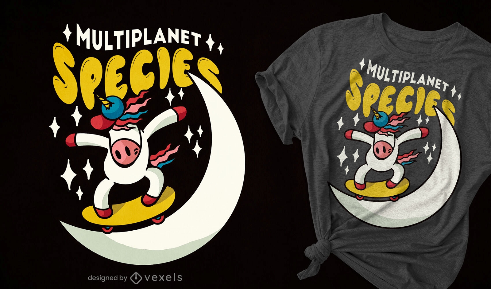 Skater unicorn in space t-shirt design