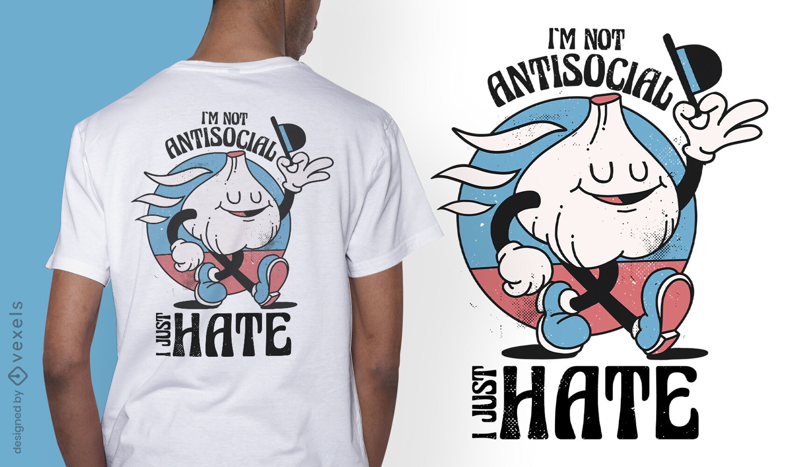Design de camiseta retrô cartoon anti-social com cebola