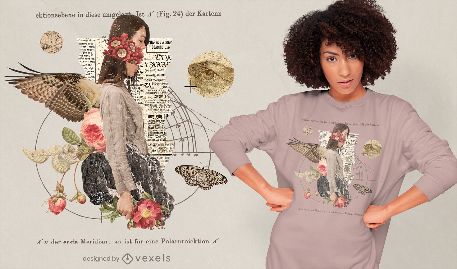 Design gótico de camisetas femininas com colagem vintage