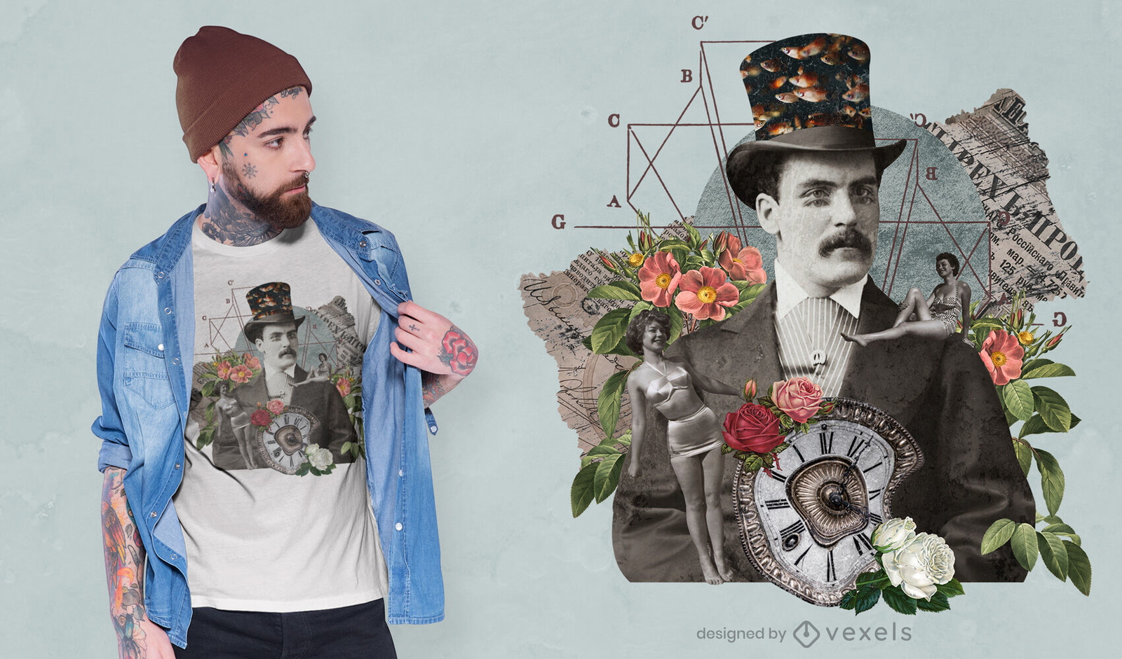 Design de camiseta psd de homem de colagem vintage gótico